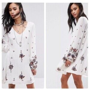 Free People Womens M Embroidered Mini Smock Dress Boho Peasant Cottagecore